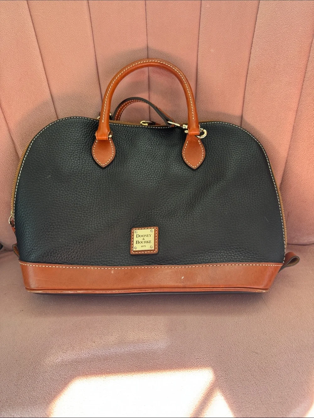 Dooney & Bourke Black with Brown Trim Leather Dome Satchel